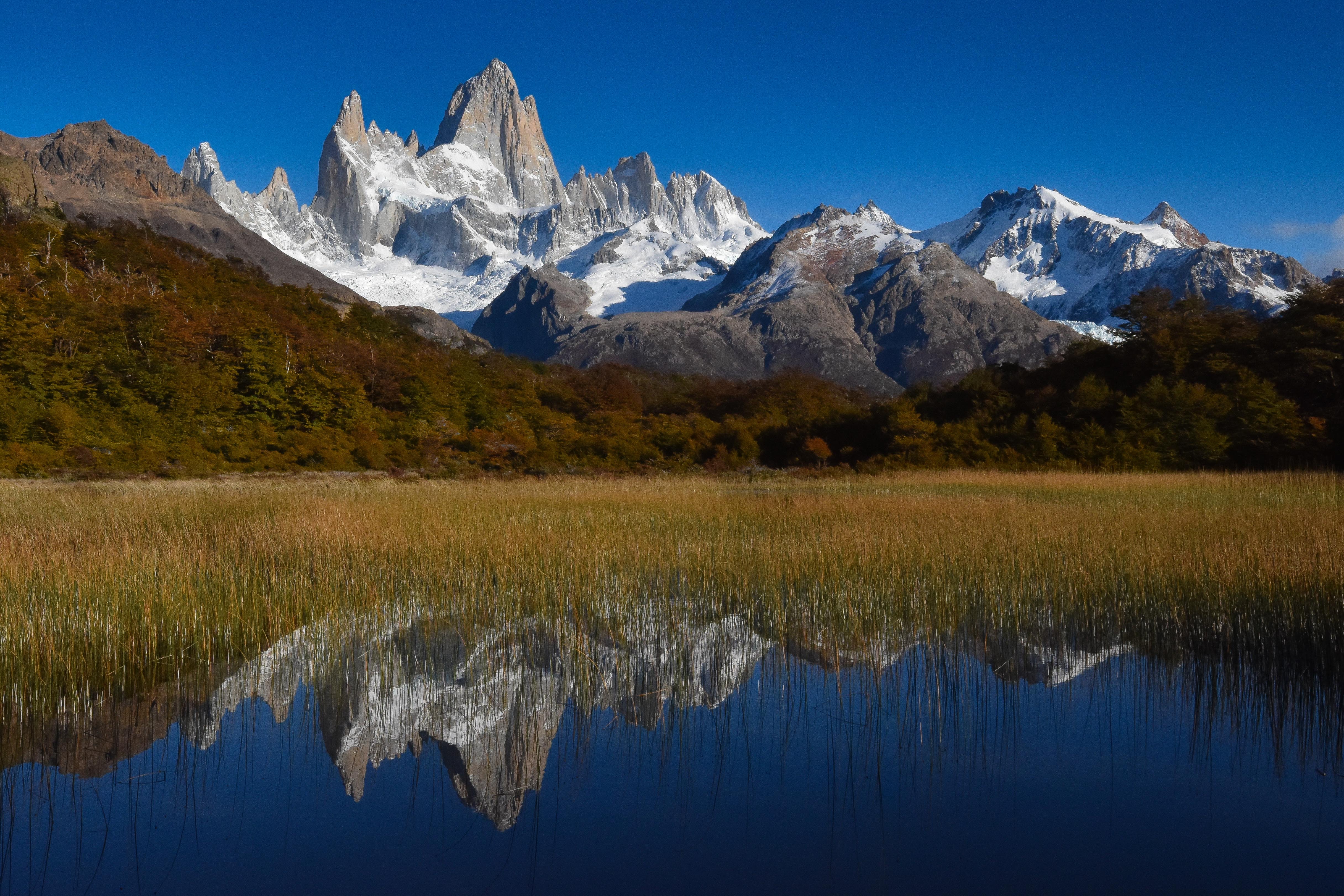 trovatrip wide view of el chalten mount Fitz Roy with clear blue lake