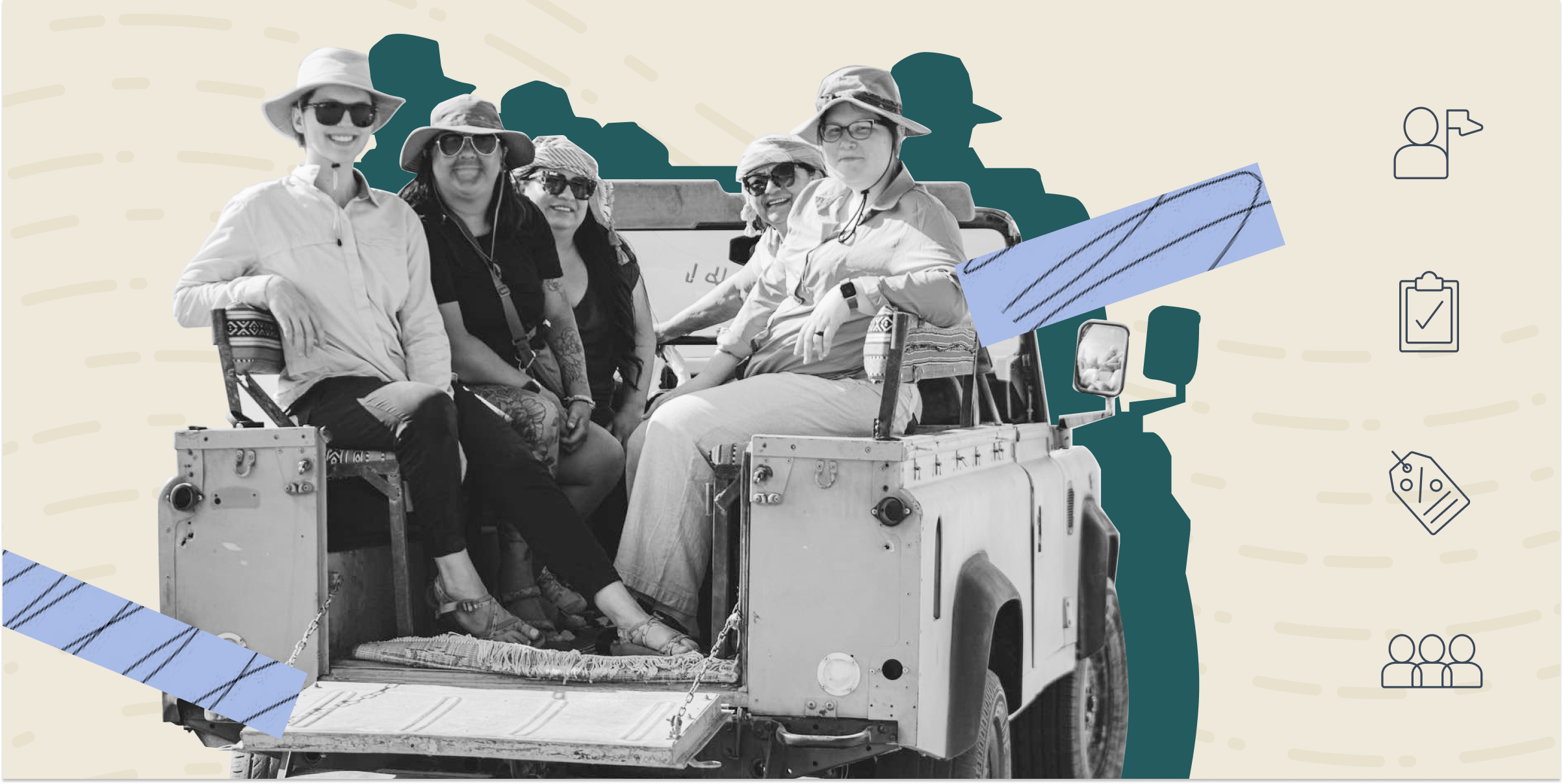 A graphic of TrovaTrip Travelers riding in the back of a Jeep on a TrovaTrip.