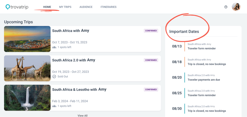 An example of important dates in the TrovaTrip Host portal.