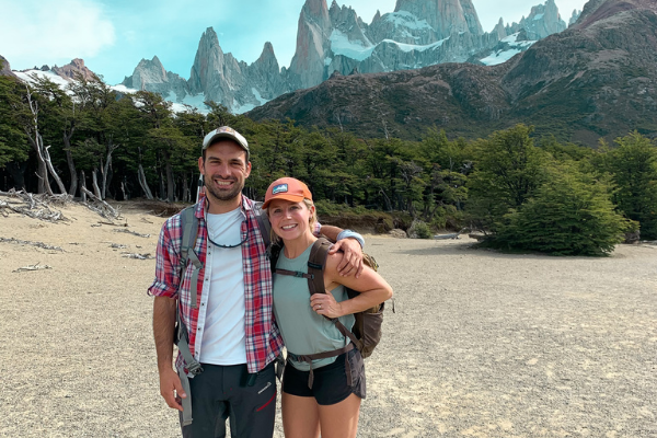 TrovaTrip Patagonia host smiling with guide with mountains in back