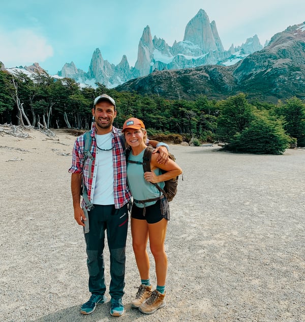 TrovaTrip Patagonia host smiling with guide with mountains in back