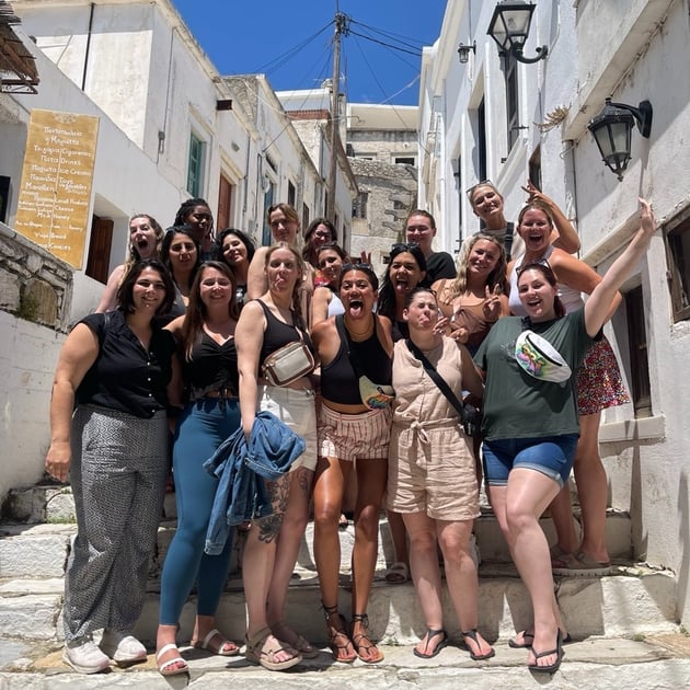 TrovaTrip Host Ali Jackson and group trip in Greece.