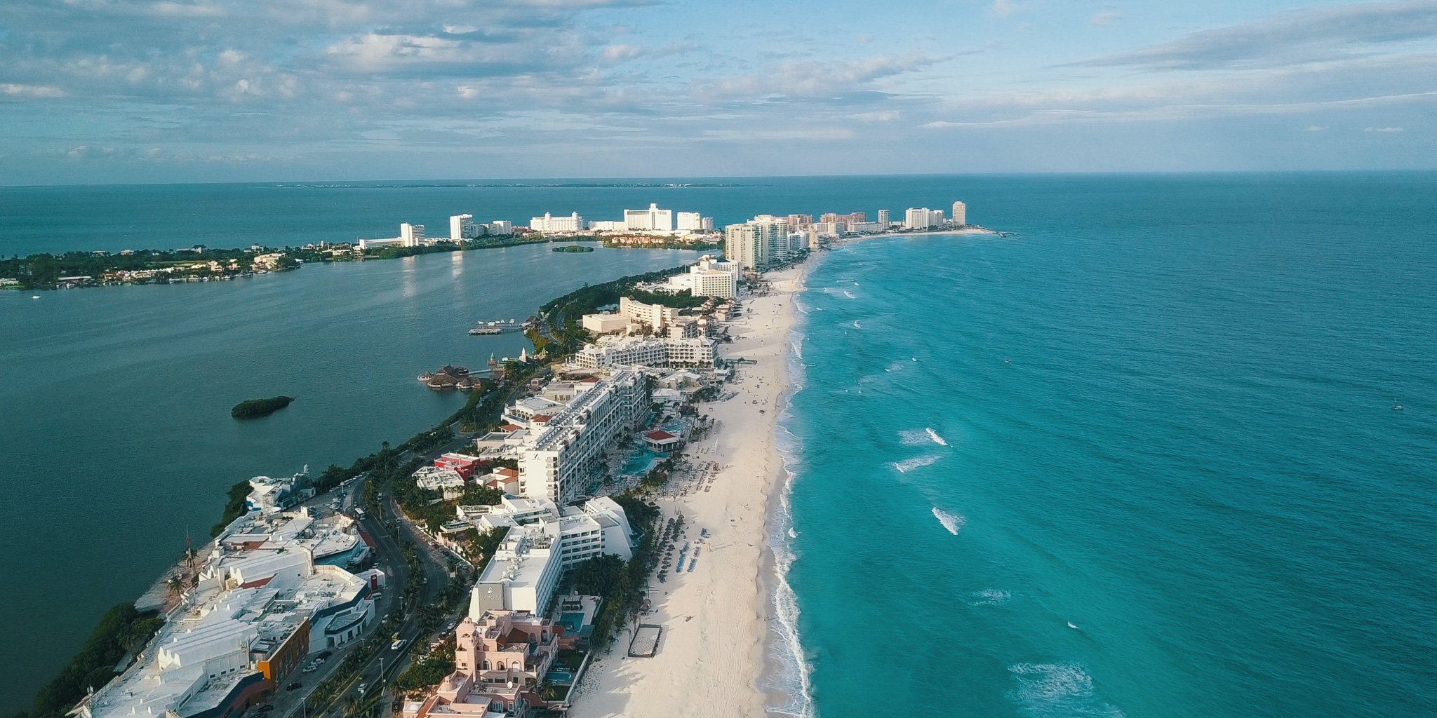 Aerial view of a beach and ocean in Cancun, Mexico..