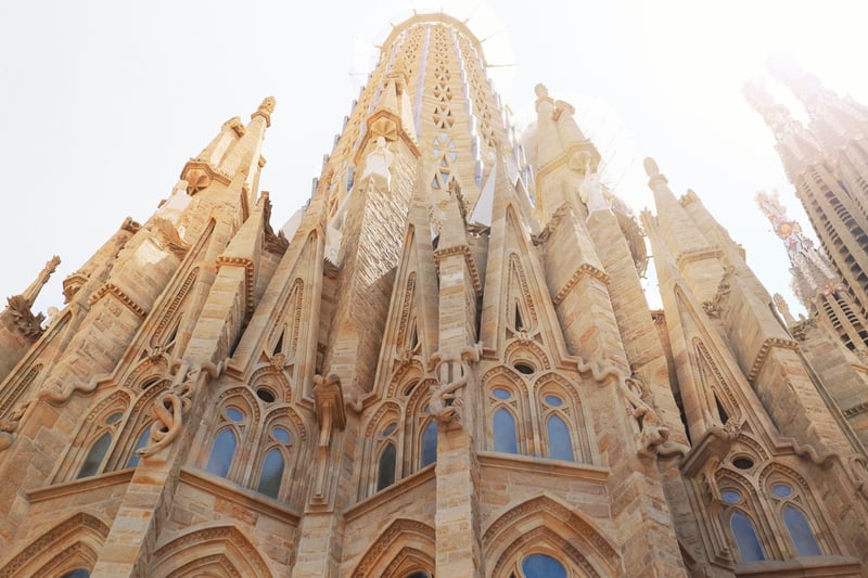 Looking up at the Cathedral of Barcelona.