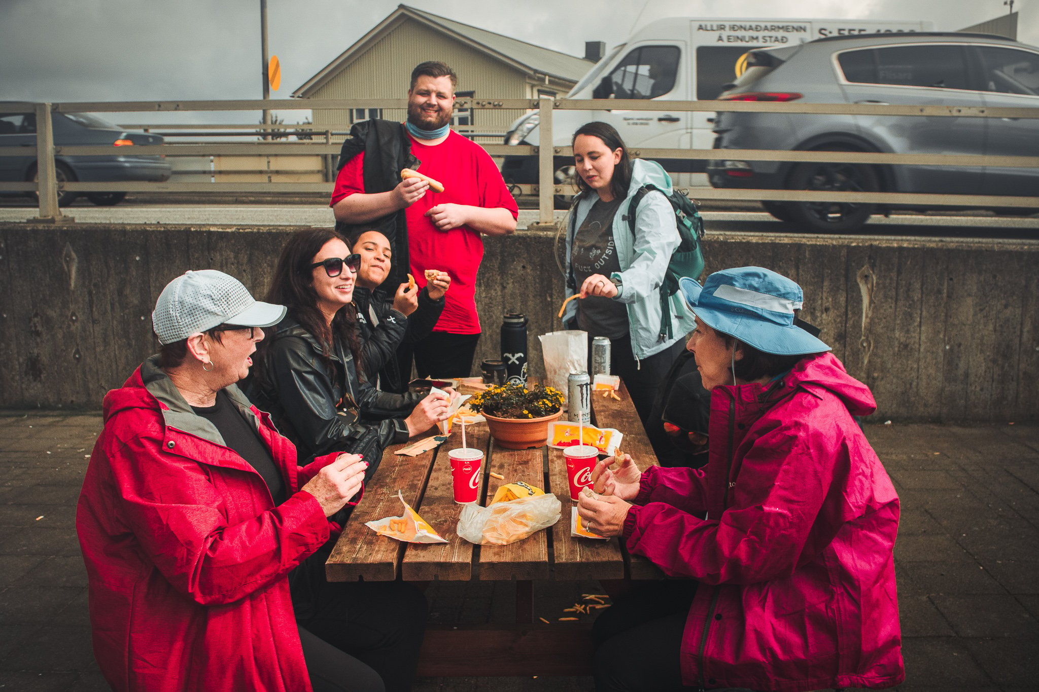 Group eating in Iceland.