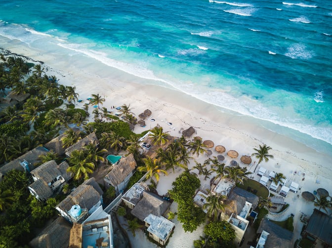 Aerial view of resort in Mexico on the beach.