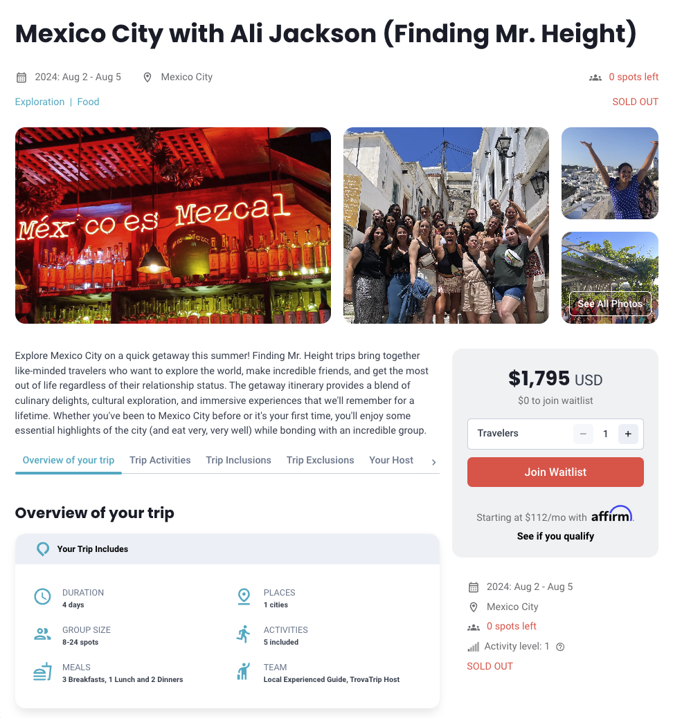 Example of a Mini Trip page for Ali Jackson.