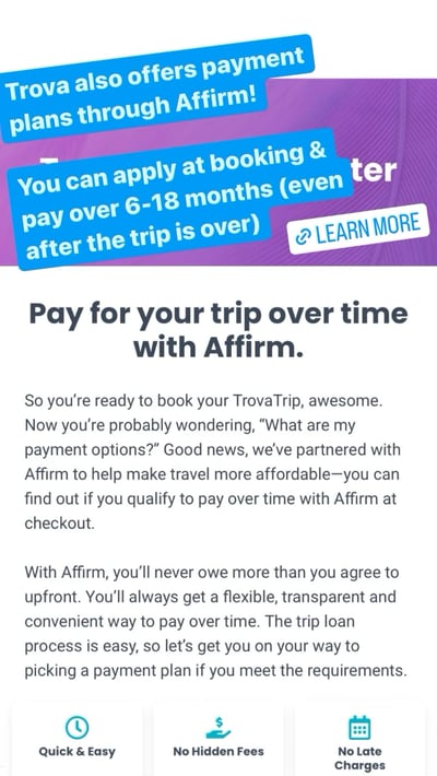 TrovaTrip pay over time through Affirm example.