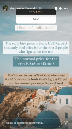 TrovaTrip promotions, trip pricing example.