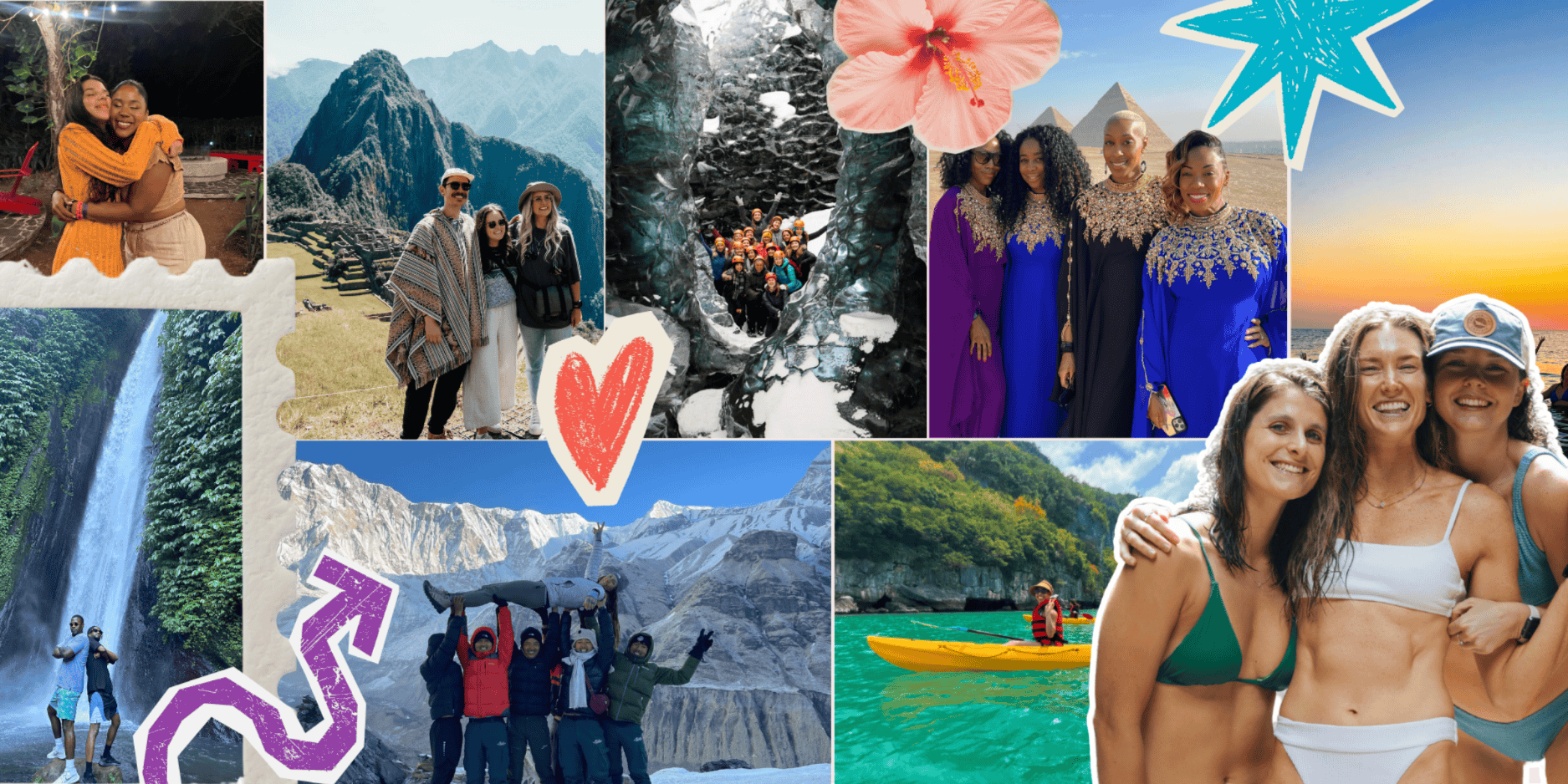 Collage of memories formed on trovatrips, a great opportunity to cross destinations off your bucket list, while fostering adult friendship.