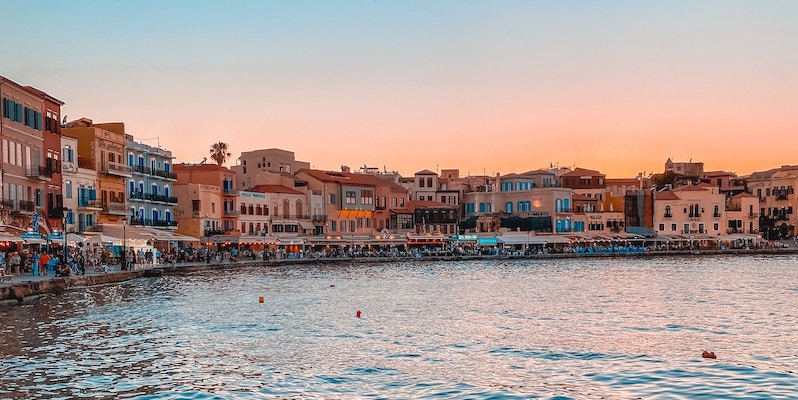 A waterfront view of Chania on the island of Crete in Greece.